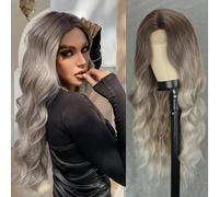 WERD Parrucca lunga grigia da donna, capelli ricci biondi, grigi, con riga centrale, parrucca sintetica in pizzo per uso quotidiano, cosplay e feste