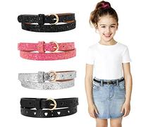 WERFORU Cintura skinny per bambini con glitter in pelle PU cintura per ragazze colorate con fibbia in oro per abiti jeans, A-nero+argento+rosa+nero, Länge 90cm(für Taillengröße 65-80cm)