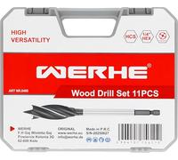 WERHE Set di punte per legno HCS da 11 pezzi, per legno, compensato e pannelli, punta filettata autofilettante, 4 tagli, Ø 10-25 mm + prolunga da 200 mm + adattatore esagonale da 1/4" e 1/2"