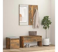 WERNBUPS Set appendiabiti in legno di rovere affumicato con specchio, panca da corridoio e contenitore con cassetto, molto spazio per scarpe e accessori, portata fino a 110 kg