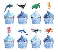 WERNNSAI 32 pezzi per cupcake dell'oceano, decorazione per feste di compleanno, decorazione per torte per bambini, sotto il mare, decorazione per torte, animali marini, decorazione per squalo, muffin
