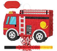 WERNNSAI Pignatta a forma di camion dei pompieri, decorazioni di compleanno per camion dei pompieri con bastone per benda, pompiere, camion pompieri, decorazioni per feste di compleanno per la