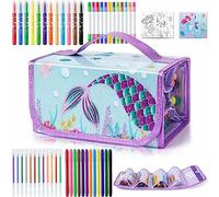 WERNNSAI Set di pennarelli a forma di sirena con astuccio, 58 pennarelli profumati per bambini e ragazze, regalo di compleanno, set di pennarelli da colorare, set per arte e artigianato, con adesivi e
