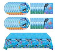 WERNNSAI Under the Sea Party Supplies - 48 piatti di compleanno con oceano, tovaglioli, tovaglia per bambini e ragazzi, con animali marini blu, decorazioni per feste da tavola, decorazioni estive
