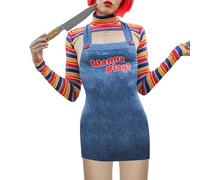 WERNZATT Costume da bambola assassina raccapricciante da donna, spaventoso, novità, cosplay, feste, Halloween, vestito per bambola Chucky (C blu, S)