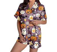 WERNZATT Pigiama da donna per Halloween, stampa fantasma, zucca, maniche corte, top con bottoni e pantaloncini, set da notte in raso da 2 pezzi, F viola., M