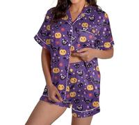 WERNZATT Pigiama da donna per Halloween, stampa fantasma, zucca, maniche corte, top con bottoni e pantaloncini, set da notte in raso da 2 pezzi, G viola., M