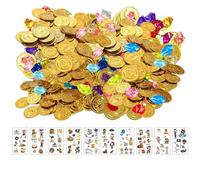 Werownsgso 160 pezzi di monete d'oro dei pirati, set di 50 monete d'oro, 100 pietre preziose per bambini, 10 pirati, tatuaggi pirati, caccia al tesoro, decorazione per feste di compleanno dei bambini