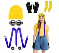 Werownsgso Set di 6 pezzi di costume giallo berretto occhiali steampunk guanti calzini bretelle bottone costume carnevale costume per donna uomo bambini cosplay