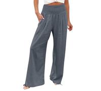 Wesaloes Pantaloni Lino Donna a Vita Alta Larghi Gamba Dritta Elastica Comoda Pantaloni Palazzo Donna Estivi Pantalone da Spiaggia Elegante Traspirante Tinta Unita Estivi Casual Pants con Tasche