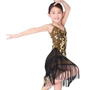 Wesaloes Ragazze Vestito Paillettes Latine Dance Tassel Abiti Tango Belly Ballroom Dancewear Vestiti da Ballo Latine con Nappe Costumi da Ballo per Bambini 3-15 Anni (Gold, 5-6 Anni)