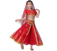 Wesaloes Vestito da Danza del Ventre per Bambina con Paillettes Set 5 Pezzi Costume Principessa Araba Bambina con Frange Costumi di Carnevale, Bollywood e Halloween per Ragazze (C01-Red, 5-7 Years)