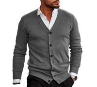 WESBR Maglia Maglione Uomo Taglio Sottile Maglieria Uomo Maglia Fine Cardigan Uomo Scollo V Abbottonatura Maglia Giacca Uomo Casual Maniche Lunghe Giacca Uomo B-Grey L