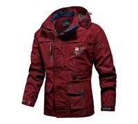 WESBR Sportiva Giacca Uomo Multitasche Design Cappuccio Giacca Traspirante Manica Lunga Giacca Uomo Slim Fit Collare In Piedi Giacca Retrò Tinta Unita Punzonatura Giacca Uomo B-Red XXL