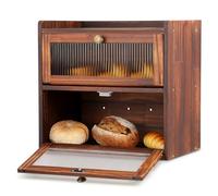 Wesditly Contenitore per il Pane Doppio Strato per il Piano di Lavoro della Cucina, Portapane in Legno con Finestre, Scatola per Alimenti Secchi con Prese D'aria per Mantenere il Pane Fresco(Marrone)