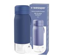 Wessper Borraccia Filtrante, 500 ml, Borraccia Vetro Borosilicato, Bottiglia con Filtro Actitex DISC, Contatore di Sostituzione del Filtro Integrato, Riduce il Cloro, BPA FREE - Blu