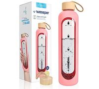 Wessper Borraccia in vetro borosilicato con indicazione del tempo, 1 l, ermetica con coperchio in bambù, 1 l, riutilizzabile, con custodia in silicone, rosa