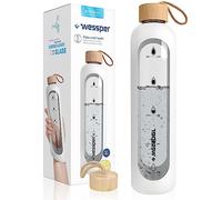 Wessper Borraccia in vetro borosilicato con indicazione del tempo, 1 l, ermetica con coperchio in bambù, 1 l, riutilizzabile, con custodia in silicone, blanco
