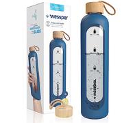 Wessper Borraccia in vetro borosilicato con indicazione del tempo, 1 l, ermetica con coperchio in bambù, 1 l, riutilizzabile, con custodia in silicone, colore: blu