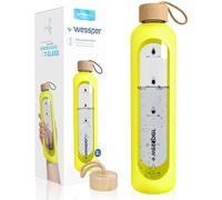 Wessper Borraccia in vetro borosilicato con indicazione del tempo, 1 l, ermetica con coperchio in bambù, 1 l, riutilizzabile, con custodia in silicone, giolla