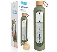 WESSPER Borraccia in vetro borosilicato con indicazione del tempo, 1 l, ermetica con coperchio in bambù, 1 l, riutilizzabile, con custodia in silicone, colore: verde oliva