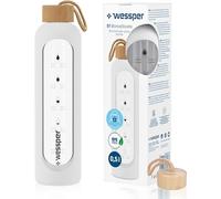 Wessper Borraccia in vetro con indicazione del tempo, a prova di perdite, in vetro borosilicato, senza BPA, con custodia in silicone, 500 ml, colore bianco
