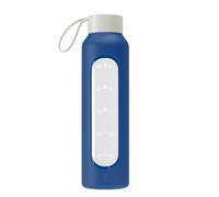 Wessper Borraccia in Vetro con Manicotto in Silicone, Bottiglia d'acqua con Indicatori di Tempo, in vetro Borosilicato Trasparente, per Monitorare l'assunzione Giornaliera di Acqua 0.5L, Blu Navy