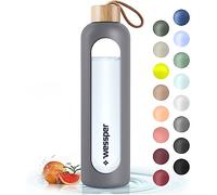 Wessper Borraccia in Vetro con Manicotto in Silicone, Bottiglia d'acqua con Indicatori di Tempo, in vetro Borosilicato Trasparente, per Monitorare l'assunzione Giornaliera di Acqua 1L - Grigio