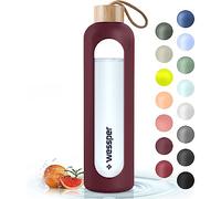 Wessper Borraccia in Vetro con Manicotto in Silicone, Bottiglia d'acqua con Indicatori di Tempo, in vetro Borosilicato Trasparente, per Monitorare l'assunzione Giornaliera di Acqua 1L, Bordeaux