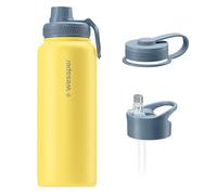 Wessper Borraccia Termica in Acciaio Inossidabile, 1 Litro, Thermos Acqua con Tre Tappi Intercambiabili, Bottiglia per Bevande Aalde e Fredde, Senza BPA - Giallo