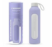 Wessper Borraccia vetro con rivestimento in silicone, bottiglia in vetro borosilicato con indicazione del tempo 1 litro, borraccia sportiva Ideale per fitness, scuola, sport, bambini - Viola