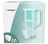 Wessper Caraffa filtrante per acqua 2,8 litri, Set brocca acqua e 10 Filtri compatibili con Brita Maxtra, Sistema di filtraggio dell'acqua Riduzione di calcare del cloro - Menta