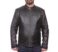 West clever Men's Basic Real Leather Jacket in Various Designs Antique Brass Zipper on Front Black Large