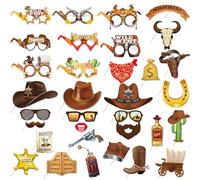 West Cowboy Photo Booth Puntelli - 33 pezzi Country e Western Party Decorazioni Cappelli Stivali Occhiali di carta Palmare Selfie Puntelli Carnevale West per feste a tema Wild West Cowboy forniture
