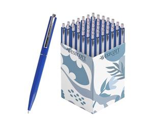 Westcott Penne a sfera ALLTIME blu, confezione da 50 pezzi | Penne a sfera a pressione con inchiostro blu | Spessore tratto M con mina standard X20 | Norma ISO 12757-2 | E-737456 00