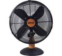 Zephir, Ventilatore da tavolo in metallo da 40cm, 4 Lame in alluminio nere, Griglia a spirale in allumio nero, Oscilazione automatica, colore nero più rifinuture effetto legno