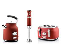 Westinghouse Retroline, set da colazione rosso, tostapane, frullatore a immersione e bollitore, 1,7 litri e filtro a calcare, quattro fessure con inserto per panini, frullatore a immersione a 4
