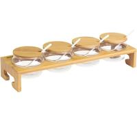 Westmark Set per marmellate/spezie, 13 pz., 1 base + 4 contenitori + 4 coperchi + 4 cucchiai, Larghezza: 38,5 cm, Bambù/Vetro/Ceramica, Tapas + Friends, Marrone chiaro/Bianco, 69902260