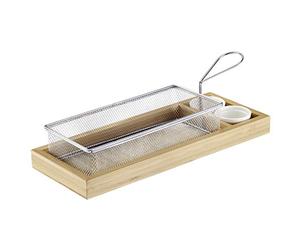 Westmark Cestino da portata per fritti + Vassoio in bambù + 2 ciotoline, Set da 4 pz., Acciaio inox/Bambù/Ceramica, Tapas + Friends, Argento/Marrone/Bianco, 69192260