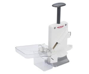 Westmark Doppio denocciolatore per ciliegie e prugne, Denocciolatore combinato, Extra veloce: 2 ciliegie alla volta, Altezza: 32,5 cm, Plastica/Alluminio, Steinomat, Bianco/Argento, 40602260