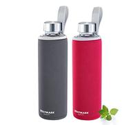 Westmark Set di 2 bottiglie in vetro con stampa, con 1 custodia protettiva, 550 ml, in vetro/silicone/gomma, senza BPA, Viva, rosso/antracite/argento/trasparente, 52722E8