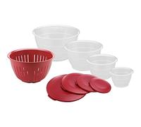 Westmark Set di contenitori, 4 contenitori in operchio e scola-insalta, 9 pezzi, Capacità: 0,6/1,3/2,5/4,4 litri, Plastica, Senza BPA, Olympia, Colore: Trasparente/Rosso, 2420226R