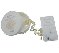 Westmon Works Set di rosario per ragazze per la prima comunione 2023 a forma di rosa e perline di vetro in una custodia protettiva con carta sacra abbinata, Metallo, Nessuna pietra preziosa