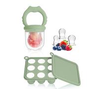 WeSweet Mangiatoia per frutta per bambini, stampi in silicone per ghiaccioli con 3 ciucci extra, per sollievo dalla dentizione e alimentazione automatica del bambino (gatto verde)