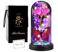 wethug Beauty and The Beast Rose Flower Gifts for Women, Light Up Galaxy Rose Gift Crystal Rose with Butterfly in Glass Dome Artificial Flower Unique Birthday Gifts for Girlfriend (Pink)
