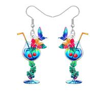 WEVENI Acrilico Floreale Frutta Vino Vetro Orecchini Margarita Cocktail Hibiscus Fiori Pendenti Vacanza Estate Gioielli Hawalliano Amanti del Vino Regali per Donne Ragazze Mamma (Blu)
