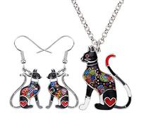 WEVENI Smalto Carino Gatti Gioielli Set Catena Gatto Animale Domestico Orecchini Collana Pendenti Regali per Le Donne Ragazze Signore Charms (Nero)