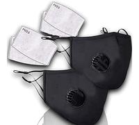 WEVGOUO Set di 2 mascherine in tessuto lavabile, nero, con 10 filtri in cotone traspirante, riutilizzabile, protezione respiratoria, filtro carbone attivo, anti polvere interna esterna anti