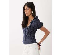 WeWoreWhat - Top blu navy con bottoni e volant XL