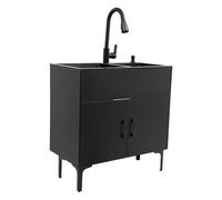 WFIETN - Lavello da cucina con mobiletto, 2 vasche autoportanti, in acciaio inox, con lavello, rubinetto, armadio, scolapiatti, scolapiatti e dispenser di sapone (nero)